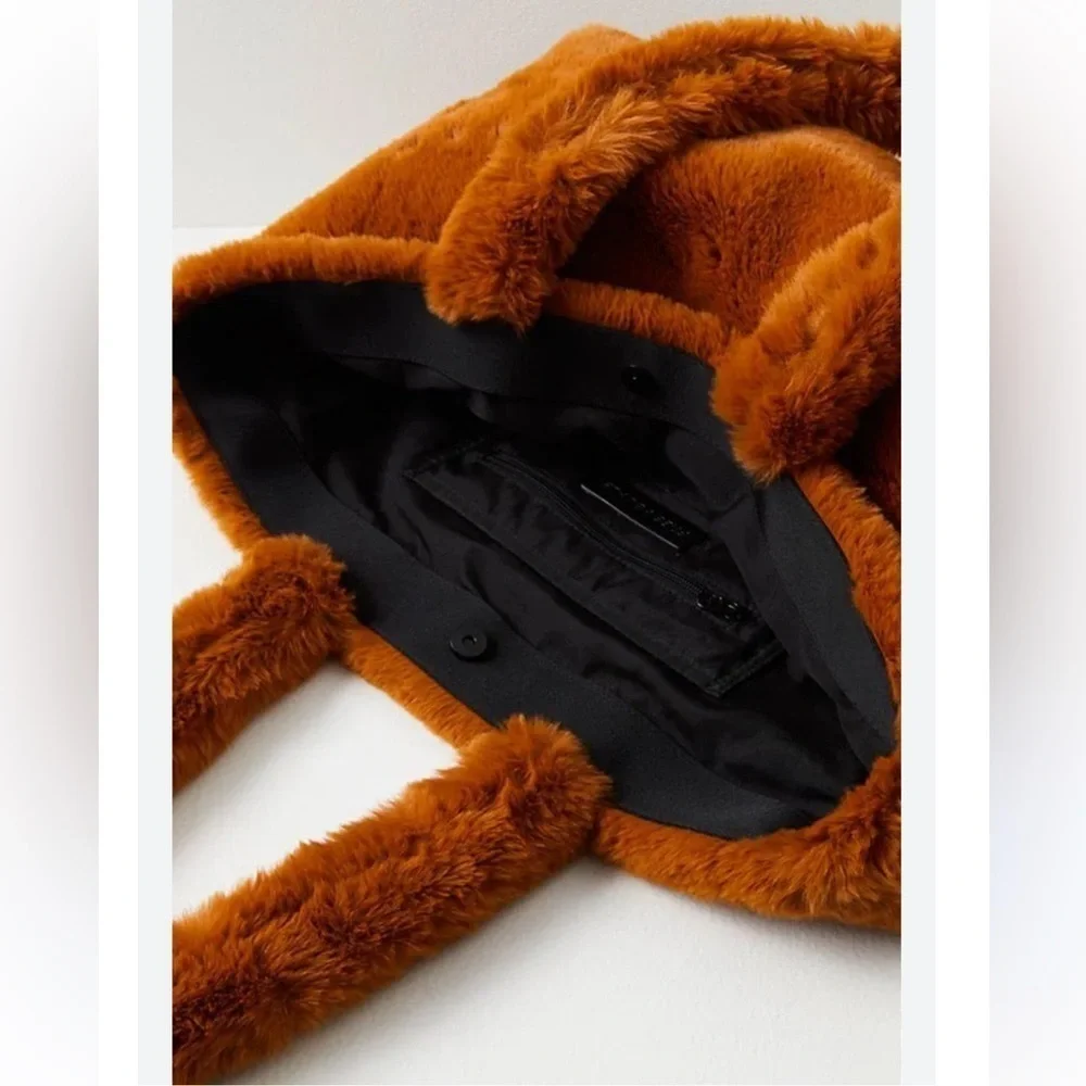 Free People Brown Tan Cozy Commuter Faux Fur Tote Bag NWT